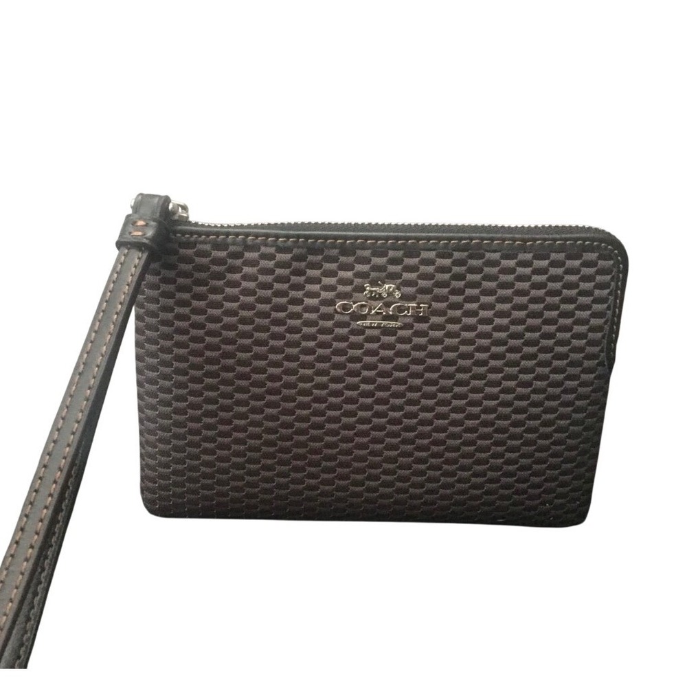 Coach Small Wristlet Brown Black Woven Jacquard Gold Logo Zip Top Clutch - Picture 4 of 6